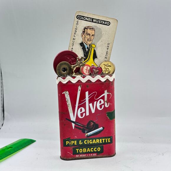 Colonel Mustard Assemblage Art Piece - Fathers Day Velvet Tobacco Tin - Picture 4 of 7